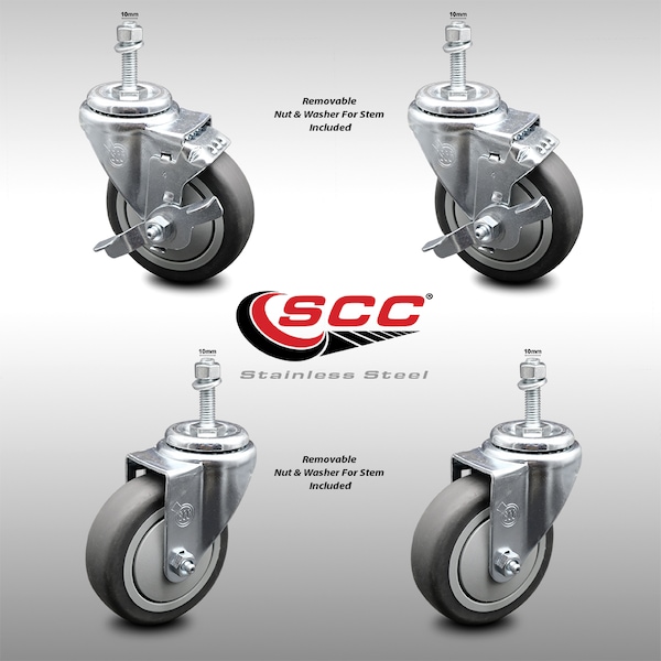 Service Caster 4 Inch SS Thermoplastic Rubber Swivel 1/2 Inch Threaded Stem Caster Brakes, 2PK SCC-SSTS20S414-TPRB-M1015-2-TLB-2 - main